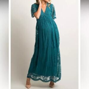 Pink Blush Women's Green Lace Mesh Overlay Maternity Maxi Dress Size Medium